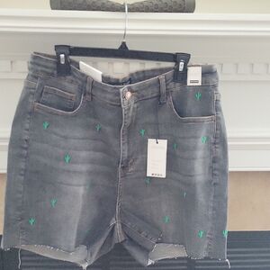 Judy Blue Grey Denim Shorts with Green Cactus Accents